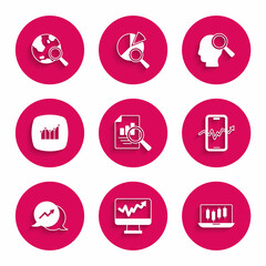Set Document with graph chart, Monitor, Stocks market growth graphs, Mobile stock trading, Financial, Search people and globe icon. Vector