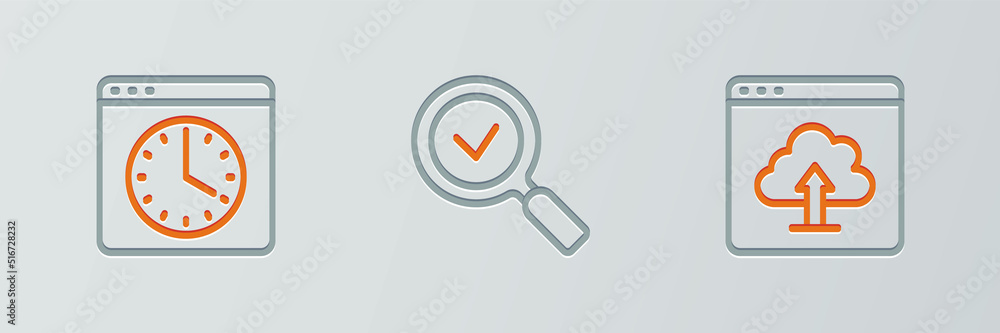 Poster set line cloud upload, browser window and magnifying glass with check mark icon. vector