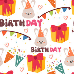 seamless pattern birthday party with bunny and gift. cute birthday wallpaper for kids, gift wrap paper