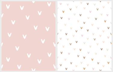 Abstract Hand Drawn Childish Style Romantic Vector Patterns. Simple Brush Hearts on Pastel Pink and White Background. Modern Geometric Seamless Pattern. Irregular Freehand Print ideal for Fabric.