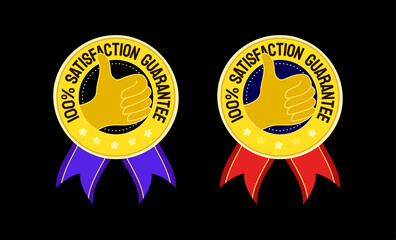 Like thumb up badge with ribbon with hand icon. 100 satisfaction premium quality customer feedback label.