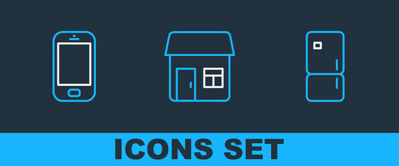 Set line Refrigerator, Mobile phone and House icon. Vector