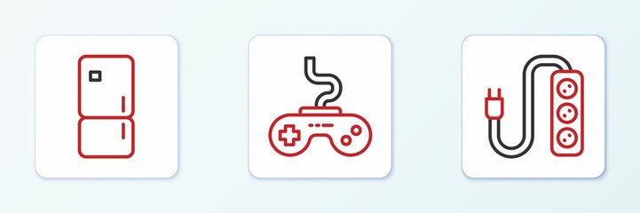 Set line Electric extension, Refrigerator and Gamepad icon. Vector
