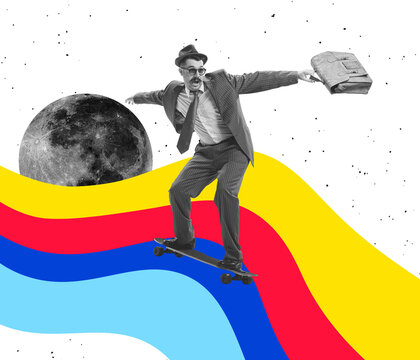 Fototapeta Skateboarding on rainbow. Contemporary art collage. New ideas and creative inspiration. Concept of retro vintage style. optical illusion elements