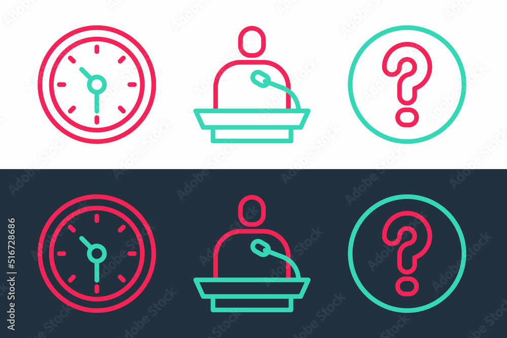 Poster set line speech bubbles with question, clock and gives lecture icon. vector