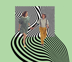 Happy couple strolling. Contemporary art collage. New ideas and creative inspiration. Concept of...