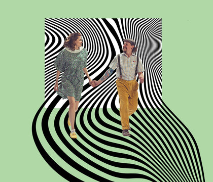 Fototapeta Happy couple strolling. Contemporary art collage. New ideas and creative inspiration. Concept of retro vintage style. optical illusion elements