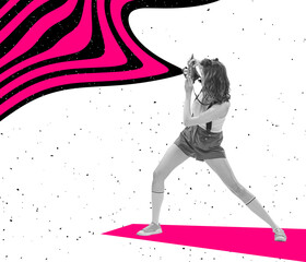 Contemporary art collage. Young girl taking picture with retro camera. New ideas and creative inspiration. Concept of retro vintage style. optical illusion elements