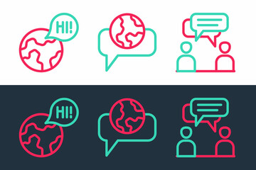 Set line Two sitting men talking, Learning foreign languages and icon. Vector