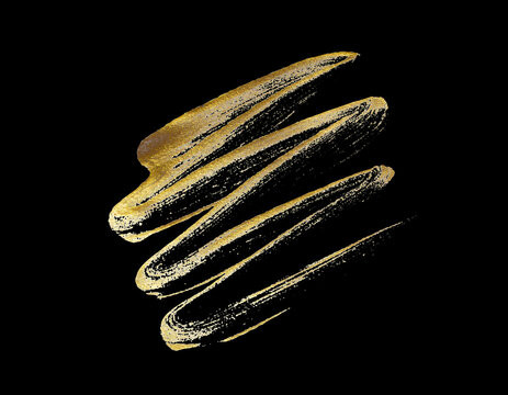 Golden brush stroke texture design isolated on black background. Realistic mascara golden smear template with clipping path.