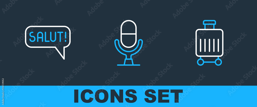 Poster set line suitcase, salut in different languages and microphone voice device icon. vector