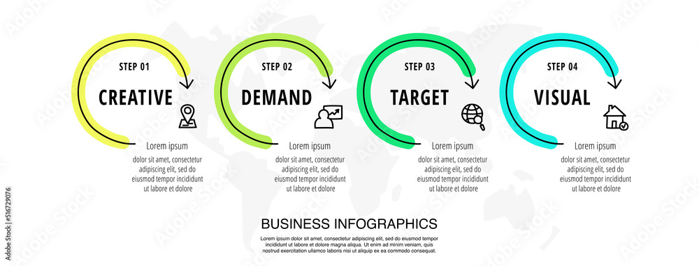 Poster modern hand-drawn vector infographics with 4 circles and arrows. concept chart process template with