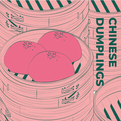 Chinese dumplings. Menu design template. Vector illustration. Chinese dumplings and buns in a traditional bamboo steamer