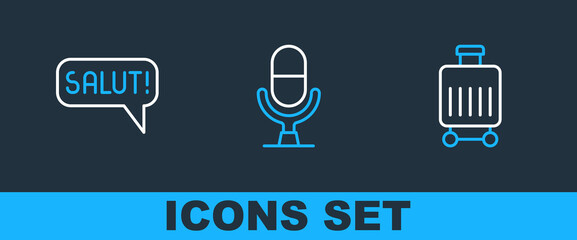 Set line Suitcase, Salut in different languages and Microphone voice device icon. Vector