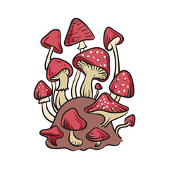 Fly agaric mushrooms on a stump. Vector engraving in color on an isolated white background.