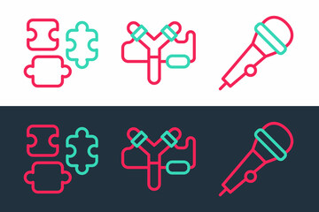 Set line Microphone, Puzzle pieces toy and Slingshot icon. Vector
