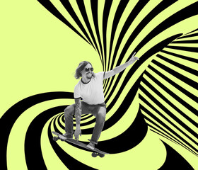 Skateboarding on hypnotic pattern background. Contemporary art collage. New ideas and creative...