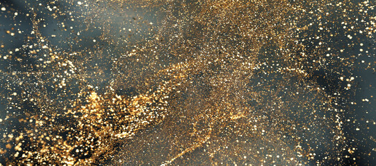 Gold sparkle glitter explosion dust particles background with bokeh, gold holiday happy new year and valentine day concept