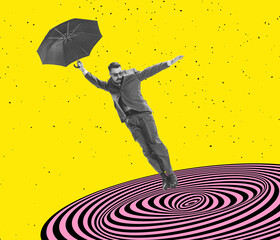 Contemporary art collage. Man with umbrella is swallowed up by the abyss. New ideas and creative...