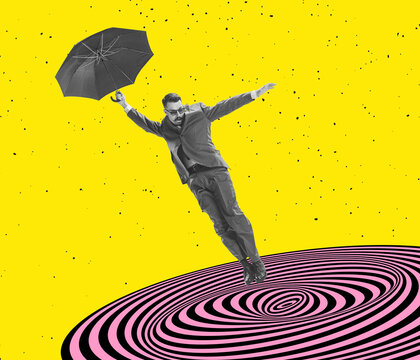 Fototapeta Contemporary art collage. Man with umbrella is swallowed up by the abyss. New ideas and creative inspiration. Concept of retro vintage style. optical illusion elements
