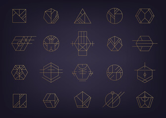Vector set of golden luxury art deco logos, gold geometric abstract icons. Linear modern style. Circle, triangle, polygon linear shapes. Aztec, magic, esoteric icons, sacred geometry. - obrazy, fototapety, plakaty