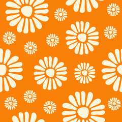 Floral abstract seamless pattern with cute hand drawn flowers on a orange background. Naive minimal art print. Trendy vector illustration