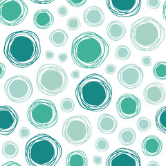 Vector organic background with big and small dots, and scribble lines in green colors. Doodle round abstract seamless pattern. Hand drawn shapes.