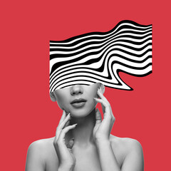 Contemporary art collage. Tender girl with hypnotic, optical illusion design instead her eyes...