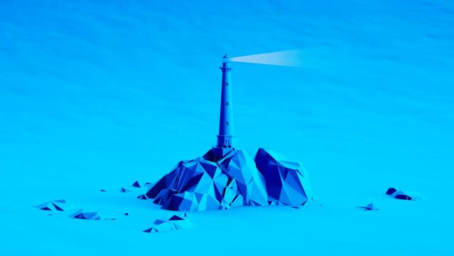 Colourful blue monochromatic animation of a lighthouse on a secluded island 4K