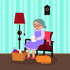 grandmother reading a letter in a chair