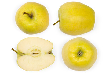 Whole and half of green-yellow apple from different sides