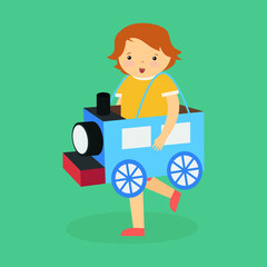 The boy is dressed in a locomotive costume