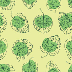 Seamless pattern with green monstera leaves on a light background with abstract spots. Vector illustration.