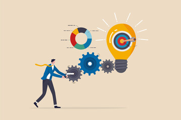 Project initiation or project management, research or implement business idea to see result, effort to develop idea and business goal concept, businessman turn cog wheels to light up lightbulb idea. - obrazy, fototapety, plakaty