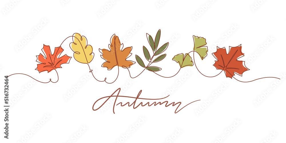 Wall mural one line drawing of autumn leaf. autumn script font and leaves isolated on white background vector i