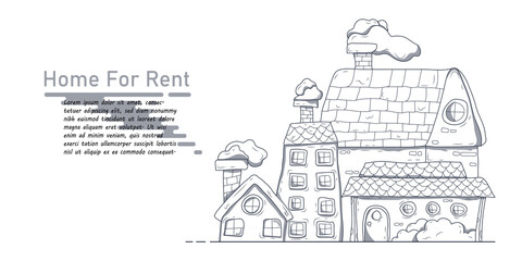 Outline of cartoon home, Hand drawn home design for rent, Vector illustration.