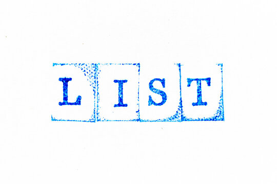 Blue color ink rubber stamp in word list on white paper background
