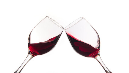 Cheers. Two glasses clicking together on white background. 