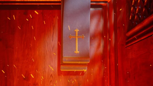 Priest stole, golden cross in a chapel confessional. Fire of hell with embers 4K