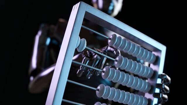 Robot using an abacus. Artificial intelligence makes arithmetical calculations