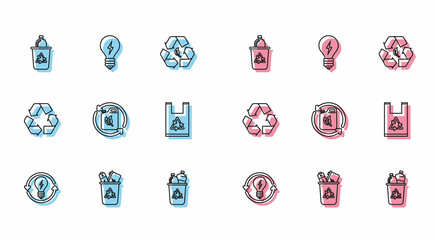 Set line Recycle and light bulb with lightning symbol, bin recycle, Bio fuel canister, Plastic bag, and Light icon. Vector
