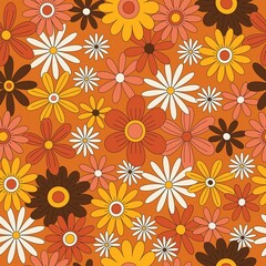 Floral seamless retro pattern in the style of the 70s. Hippie aesthetics, flower power. Fashionable, vintage, 60s. Orange, yellow, brown colors. Fabric, wrapping paper