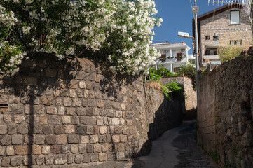 Old narrow stone streets of Sorrento in southern Italy. The historical center of the city.