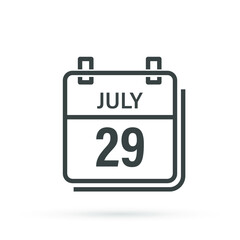 July 29, Calendar icon with shadow. Day, month. Flat vector illustration.