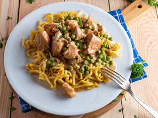 Chicken breast dish with cream sauce and pasta. Cooked with german spaetzle noodles.
