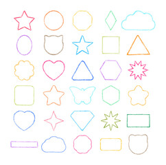 Different Shapes Drawn with Chalk Crayon and Wax Pencil. Frames for Children Design. Set. Line Stroke Baby style. Bright Colors. White background. Vector image for Kids Design Element and Text.