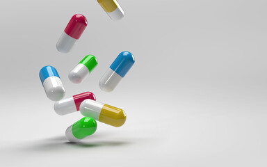 Falling colorful antibiotic pills. Health and medical background. 3D illustration.