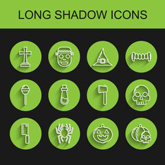 Set line Meat chopper, Spider, Tombstone with cross, Pumpkin, and skull, Bottle potion, Skull and Wooden axe icon. Vector