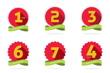 1, 2, 3, 4, 6 and 7 year anniversary number logo vector flat red green yellow color icon, celebrating of birthday jubilee modern labels set ribbon or congratulation date logotype graphic circle round - obrazy, fototapety, plakaty