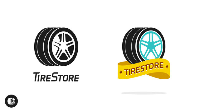 Tire store shop icon logo vector for automobile or car tyre wheel automotive service flat illustration, modern shape silhouette isolated on white background pictogram image